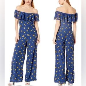 10 Betsey Johnson Ruffled Off The Shoulder Floral Jumpsuit blue & yellow flowers